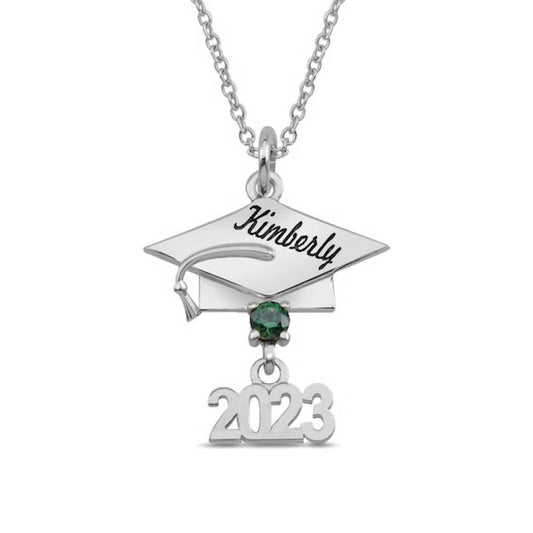925 Sterling Silver Gemstone Engravable 2023 Graduation Cap Pendant Necklace