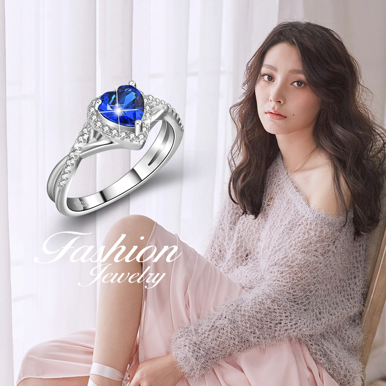 Bague en zircone cubique en cristal, en argent sterling 925, coeur bleu marine, halo, pour elle