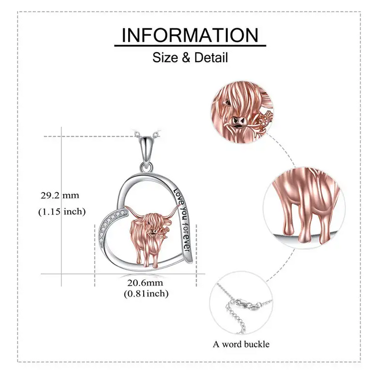 925 Sterling Silver Highland Cow Necklace Heart Cow Pendant Gifts For Women Girls