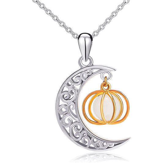 925 Sterling Silver Ladytree Halloween Jewelry Moon and Pumpkin Bat Luminous Beads Glow Pendant Necklace