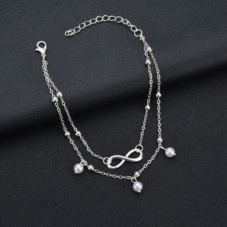 925 Sterling Silver Retro Pearl Infinity Ankle Anklet Bracelet Set