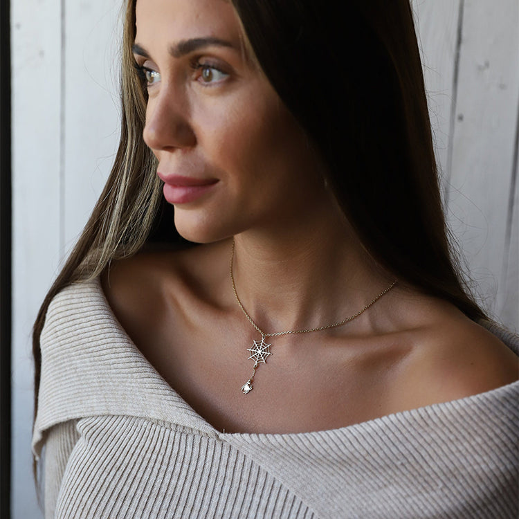 925 Sterling Silver Halloween Spider Web Gold Necklace Gifts, Scary Spider Silver Jewelry