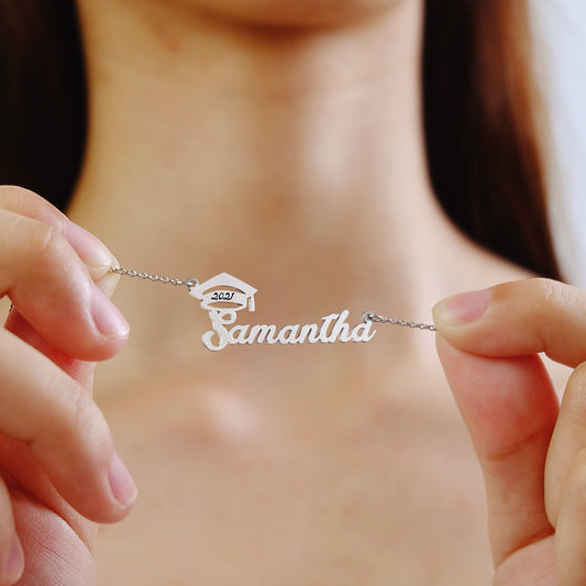 925 Sterling Silver Custom Bachelor Cap Personalized Name Graduation Necklace
