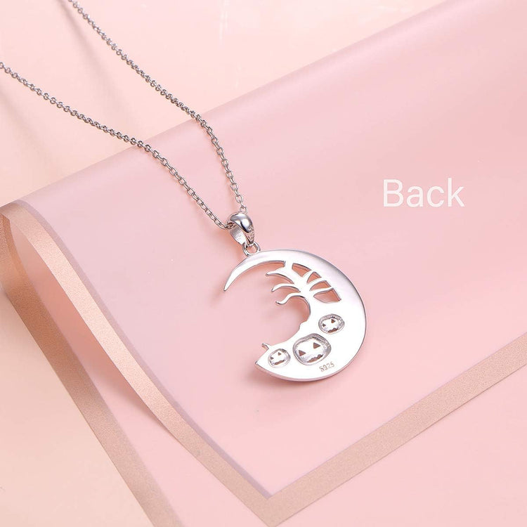 925 Sterling Silver Halloween Jewelry Moon and Pumpkin Pendant Necklace