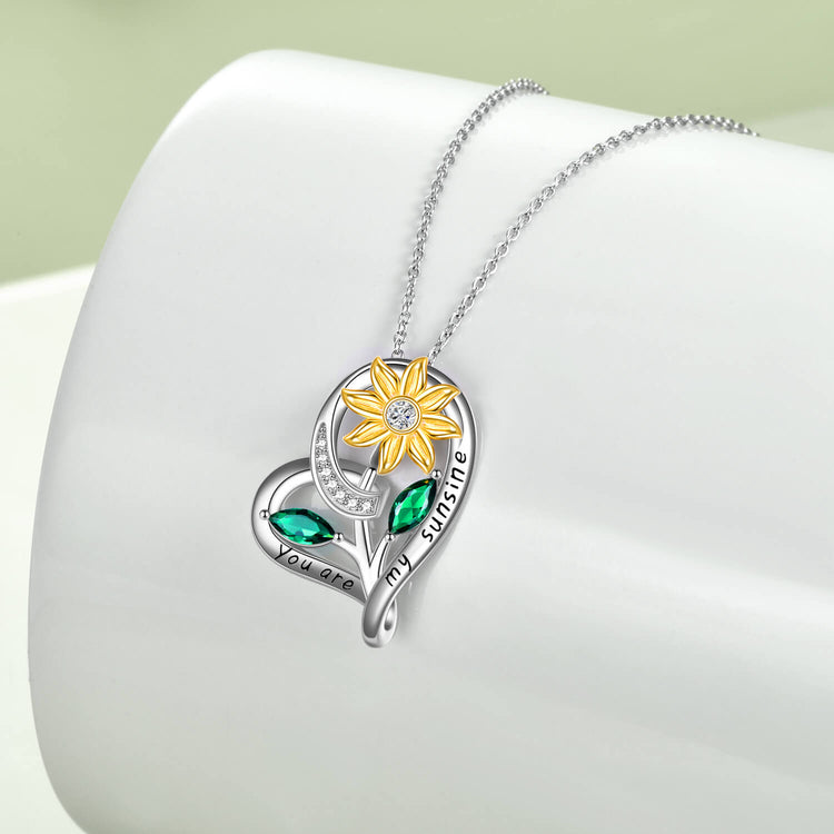 925 Sterling Silber Herz Sonnenblumen Halskette mit Zirkonia
