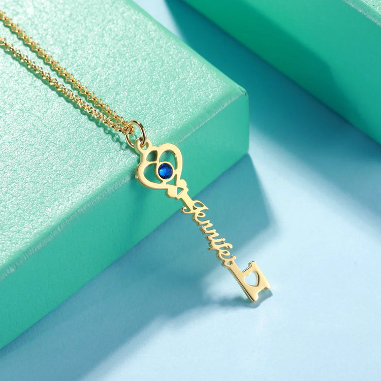 925 Sterling Silver Personalized Key to True Love Birthstone Name Necklace