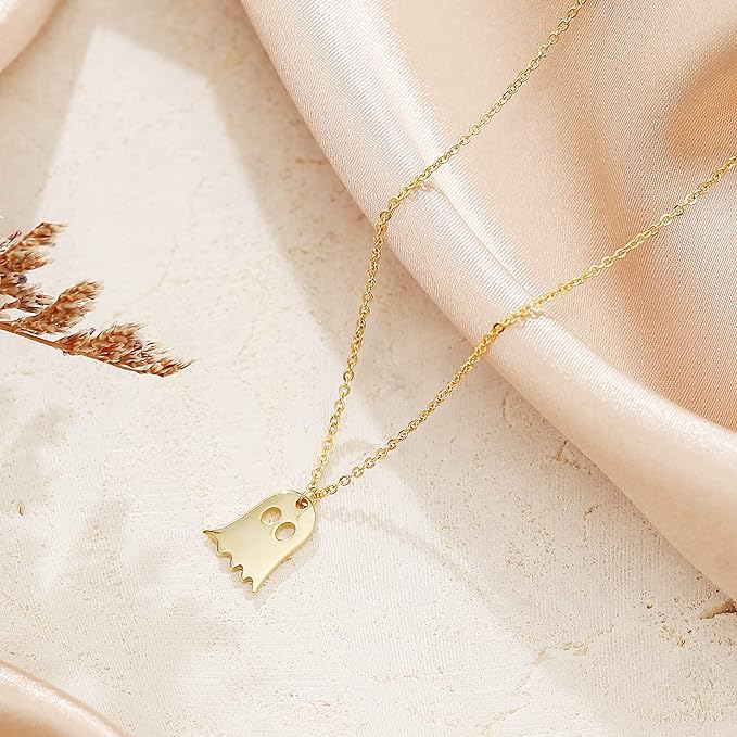 925 Sterling Silver Pumpkin Ghost Hammered Coin Delicate Chain Minimalist Simple Halloween Necklace For Friend's Gift