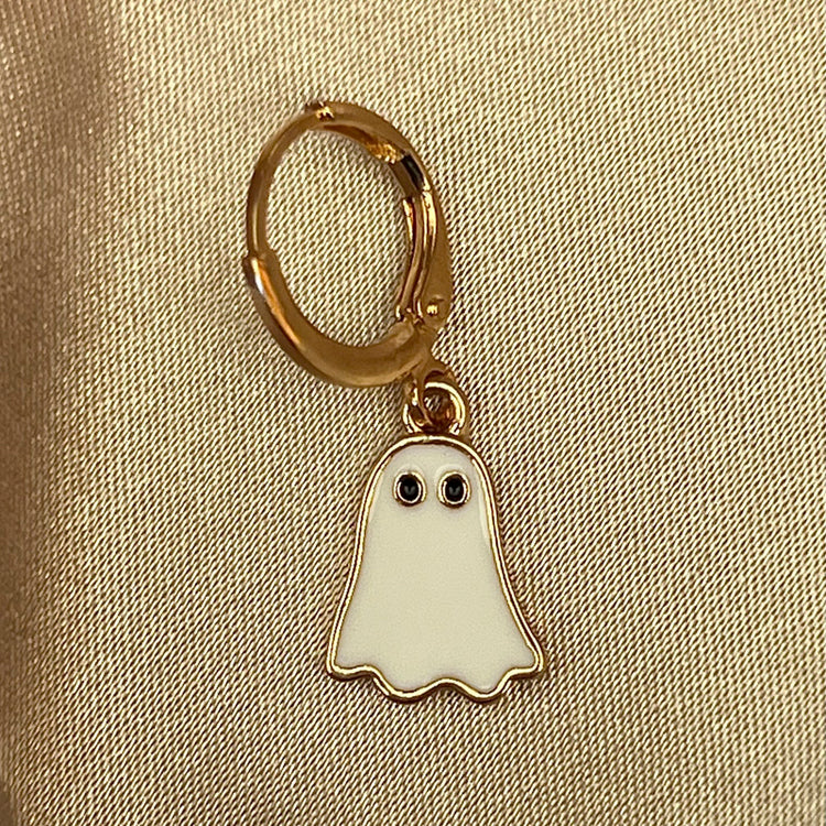 925 Sterling Silver Gold Plated Halloween White/Gold Ghost Huggie Hoop Earrings