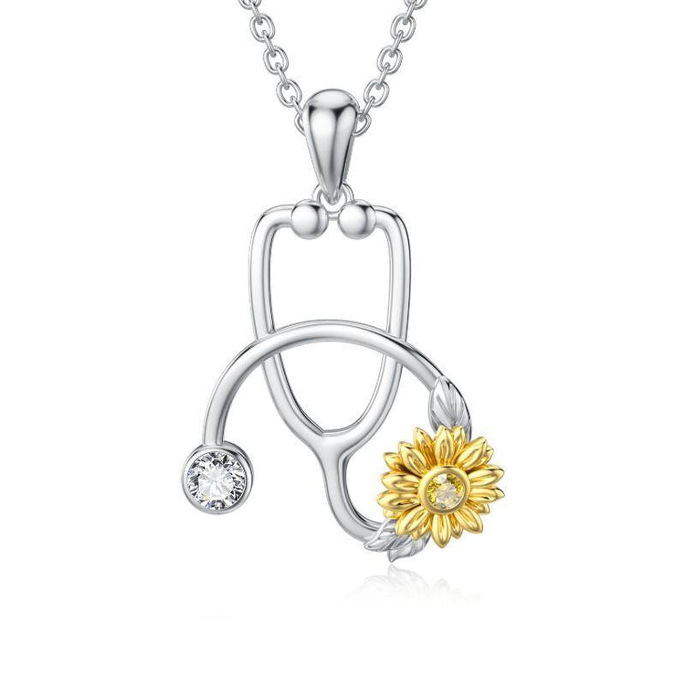 925 Sterling Silver Stethoscope with Sunflower Medical Doctor Nurse Student Graduation Pendant Necklace