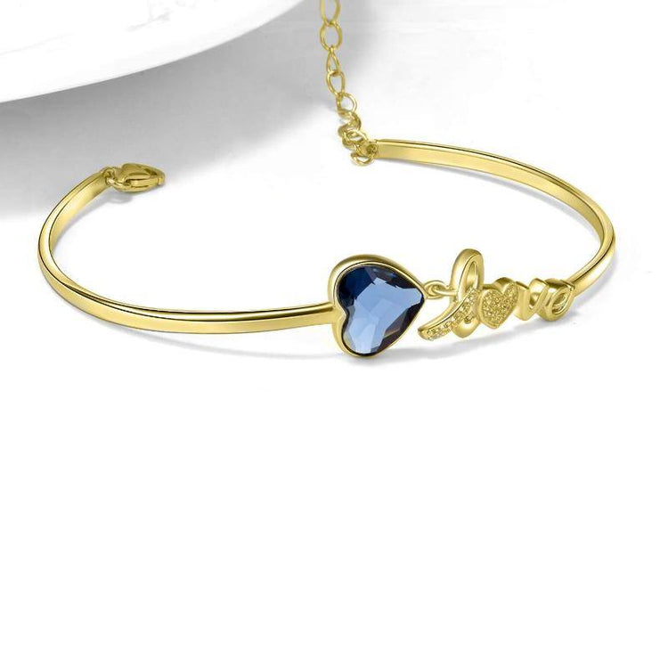 925 Sterling Silver Blue Crystals from Austria Love Heart Bangle Bracelet in White Gold Plated