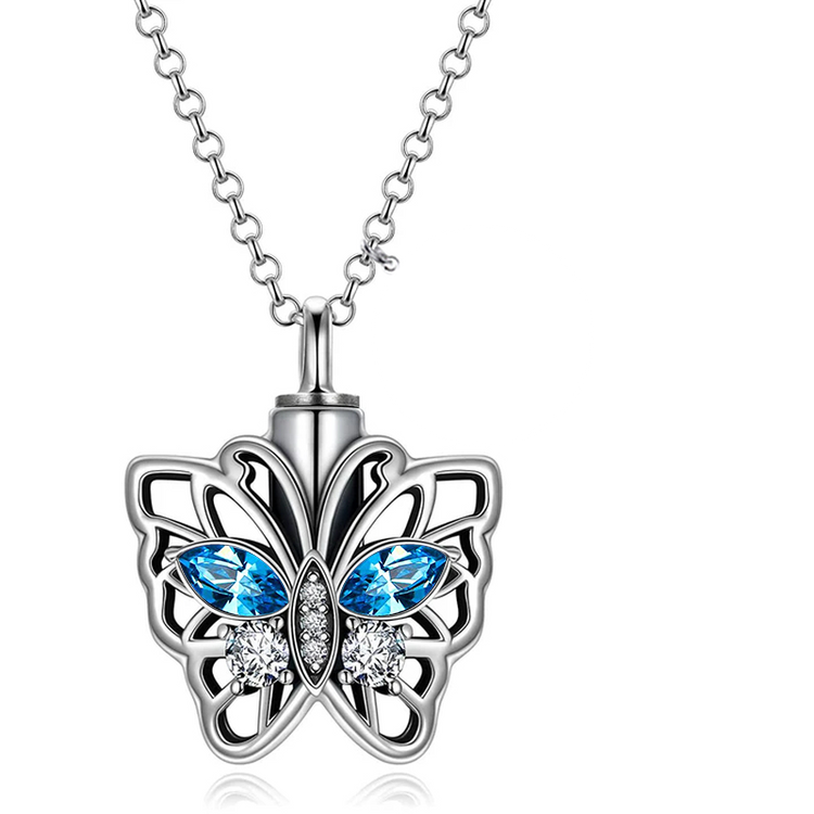925 Sterling Silver Butterfly Urn Necklace for Ashes, Cremation Keepsake Necklace with Crystal
