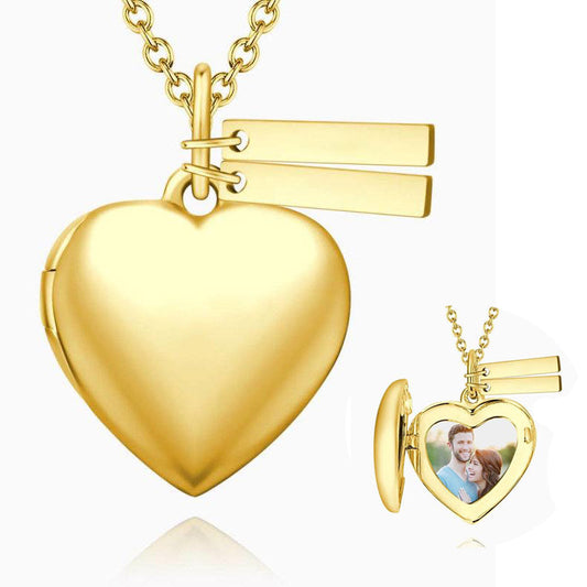 925 Sterling Silver Heart Photo Locket Necklace With Two Engraved Bars