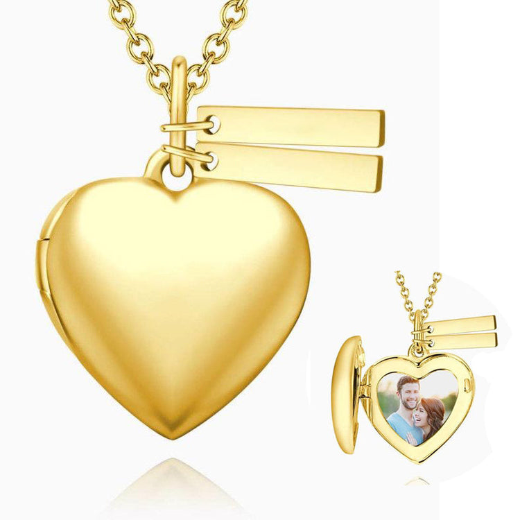 925 Sterling Silver Heart Photo Locket Necklace With Two Engraved Bars