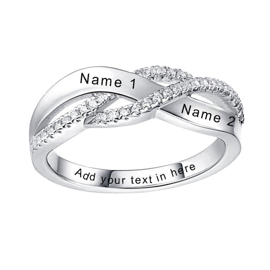 925 Sterling Silver Personalized Two Names Engraved Ring With Paved Zirconia