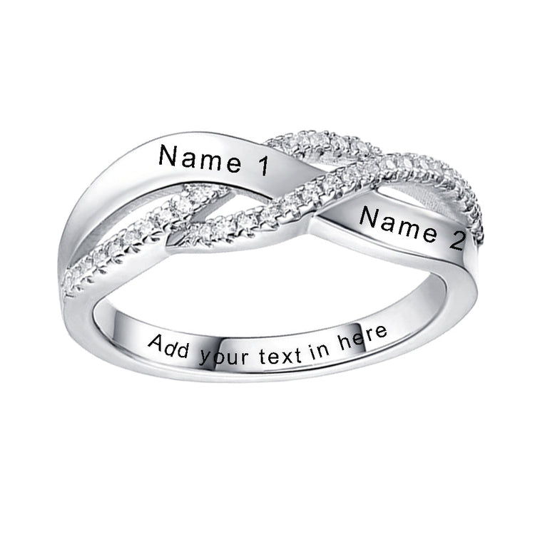 925 Sterling Silver Personalized Two Names Engraved Ring With Paved Zirconia