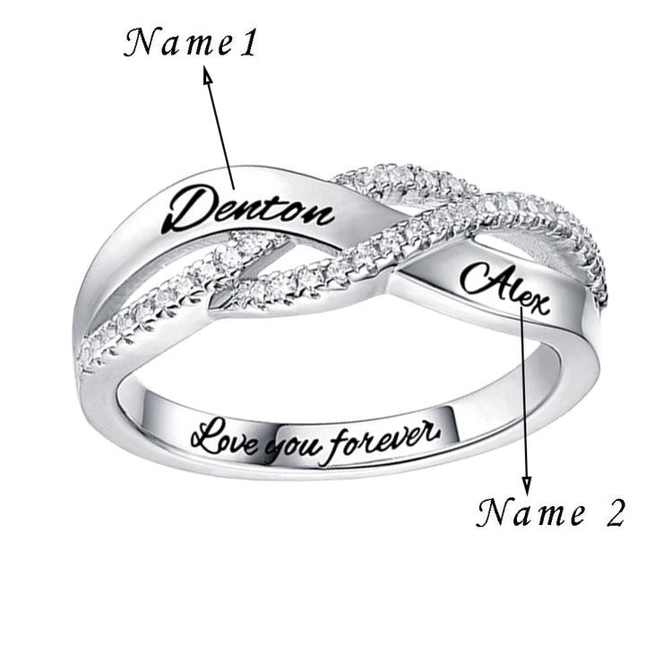 925 Sterling Silver Personalized Two Names Engraved Ring With Paved Zirconia