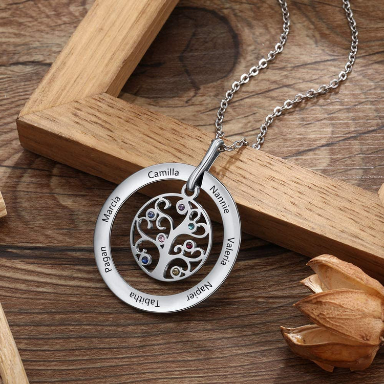 925 Sterling Silver Multi-Name Family Tree Necklace With Birthstone