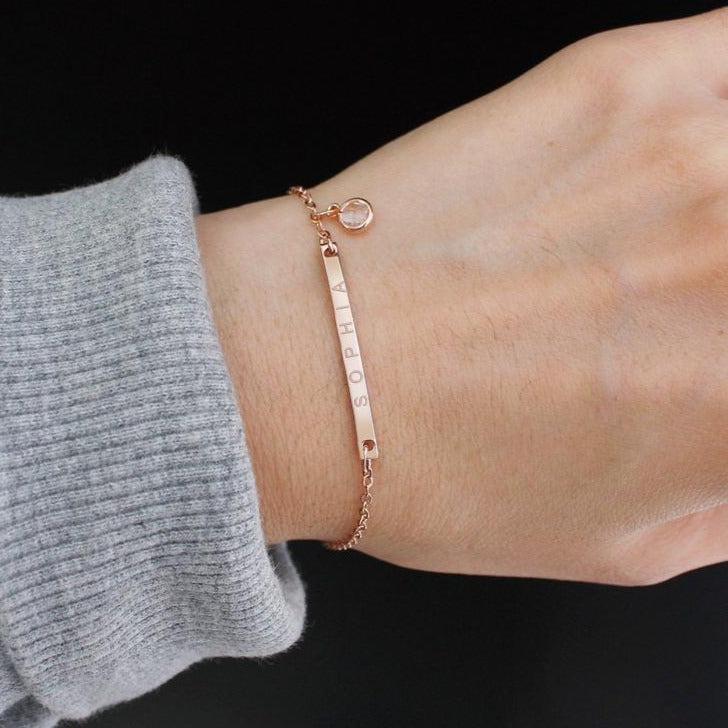 Sterling Silver Customized Name Bar Bracelet With Birthstone Gift For Her Bridesmaid Bracelet Nameplate Bracelet - onlyone
