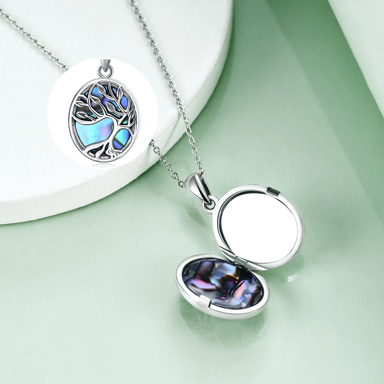 925 Sterling Silver Personalized Tree of Life Abalone Photo Locket Necklace