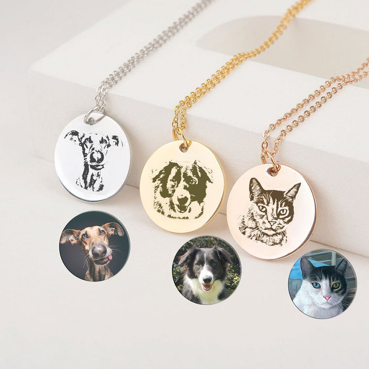 925 Sterling Silver Personalized Pet Round Photo Engraved Necklace Gift for Cat Lovers