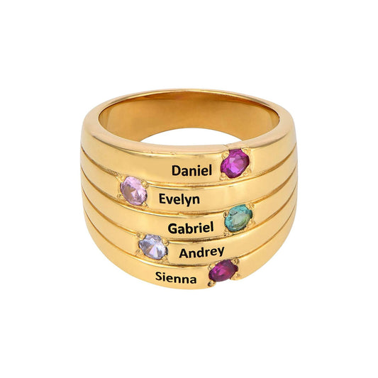 925 Sterling Silver Custom Engraved Name Mothers Ring with 5 Birthstones