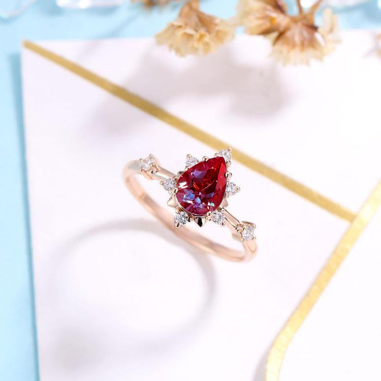 Garnet Engagement Ring Women Rose Gold | Antique Pear shaped Bridal Jewelry Art deco Moissanite Ring Anniversary Gift for Her - onlyone