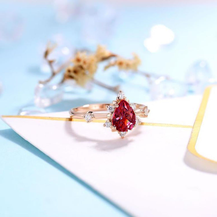 Garnet Engagement Ring Women Rose Gold | Antique Pear shaped Bridal Jewelry Art deco Moissanite Ring Anniversary Gift for Her - onlyone
