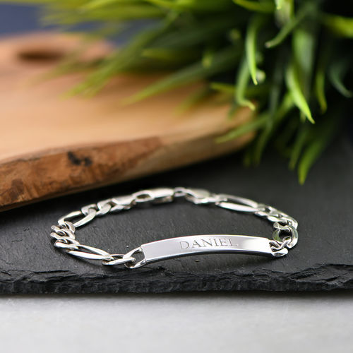 925 Sterling Silver Personalized Men's ID Bracelet In Figaro Link