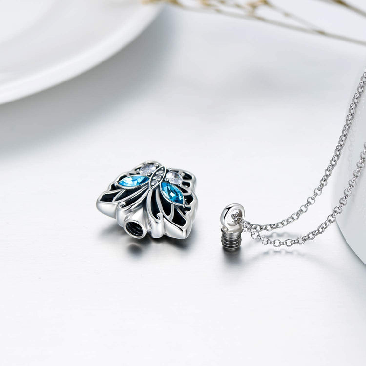 925 Sterling Silver Butterfly Urn Necklace for Ashes, Cremation Keepsake Necklace with Crystal - onlyone