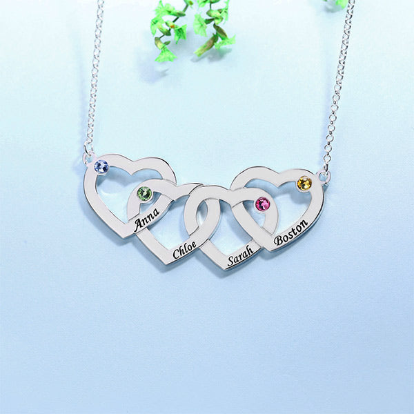 925 Sterling Silver Four Intertwined Hearts Necklace With Birthstones - onlyone