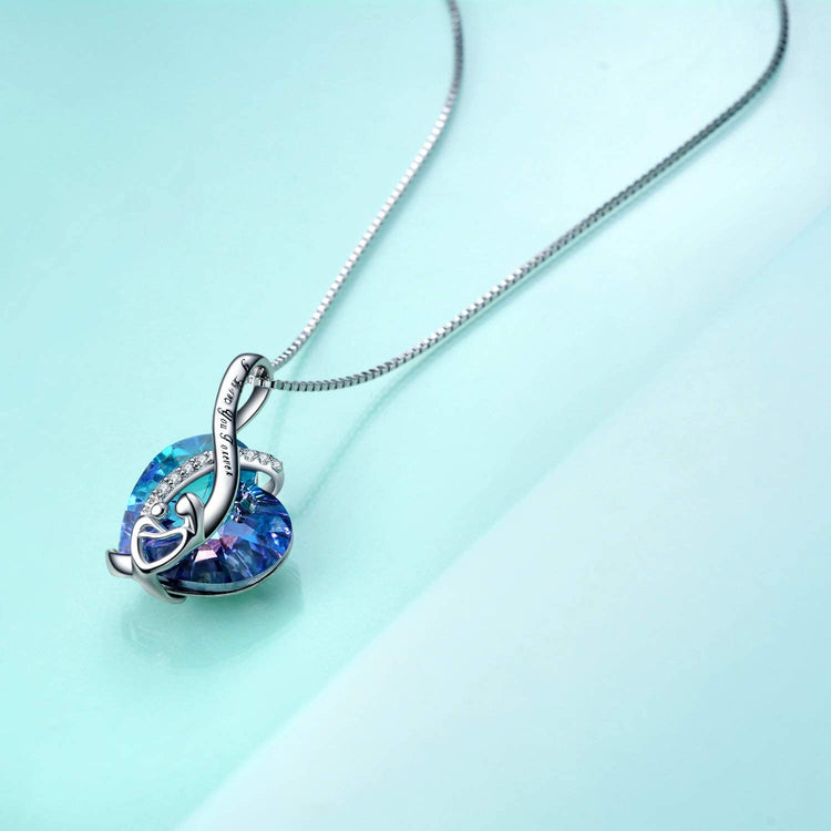 925 Sterling Silber Mutter und Kind Herz Kristall Anhänger Halskette mit Ich liebe dich für immer graviert