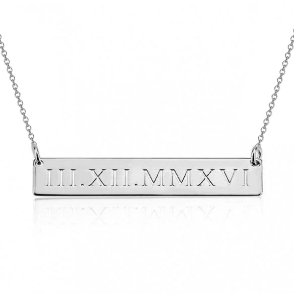 925 Sterling Silver Special Date Roman Numerals Engraved Bar Necklace, Roman Numerals Anniversary Date Necklace