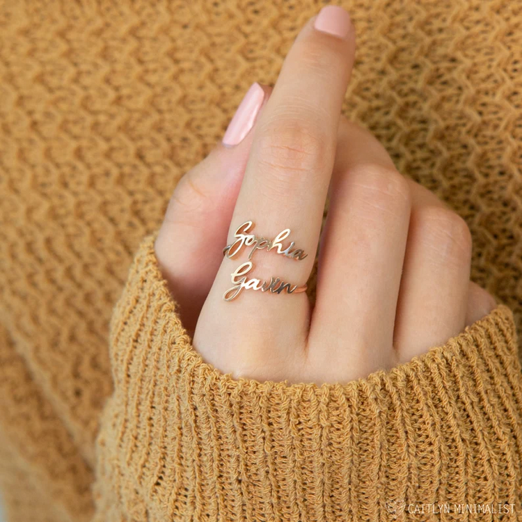 925 Sterling Silver Personalized Dainty Double Name Ring