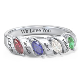 925 Sterling Silver Spiral Marquise Row Ring With 4 Birthstones