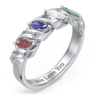 925 Sterling Silver Spiral Marquise Row Ring With 4 Birthstones
