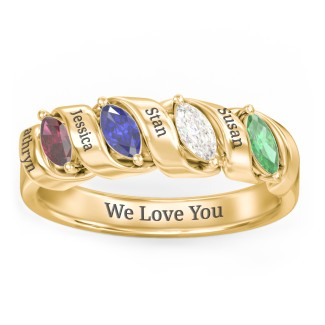 925 Sterling Silver Spiral Marquise Row Ring With 4 Birthstones