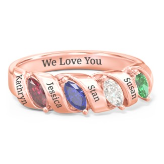 925 Sterling Silver Spiral Marquise Row Ring With 4 Birthstones