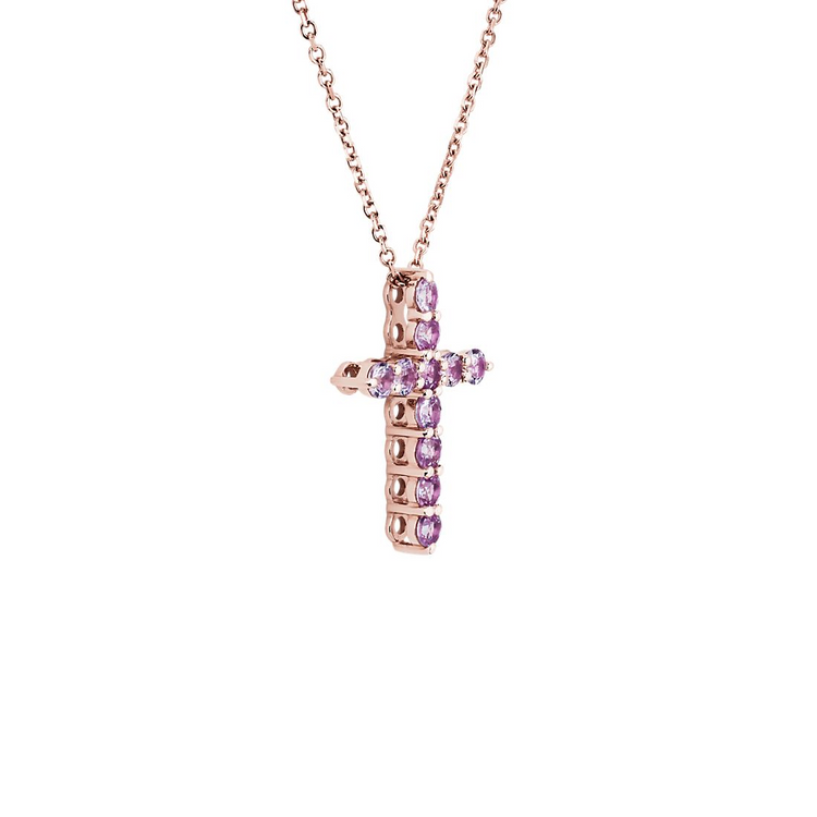 925 Sterling Silver Petite Pink Sapphire Cross Pendant Necklace With Crystel