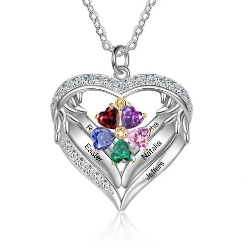 925 Sterling Silver Personalized Name and Birthstone Angel Wings Necklace