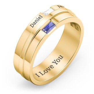 925 Sterling Silver Men's Double Baguette Ring With Birthstone