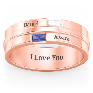925 Sterling Silver Men's Double Baguette Ring With Birthstone
