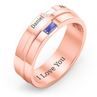 925 Sterling Silver Men's Double Baguette Ring With Birthstone