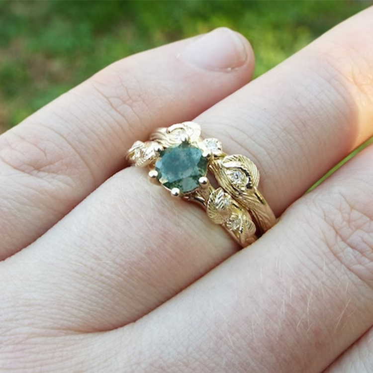 925 Sterling Silver Moss Agate Bridal Set Nature Inspired Ring Unique Elven Leaf Engagement Vine Rings Fantasy Forest Ring Nature Bridal Ring