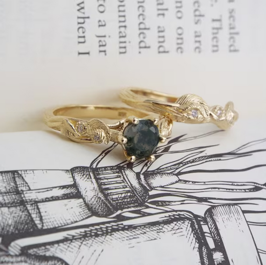 925 Sterling Silver Moss Agate Bridal Set Nature Inspired Ring Unique Elven Leaf Engagement Vine Rings Fantasy Forest Ring Nature Bridal Ring
