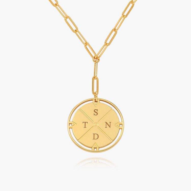925 Sterling Silver Engraved Compass Necklace