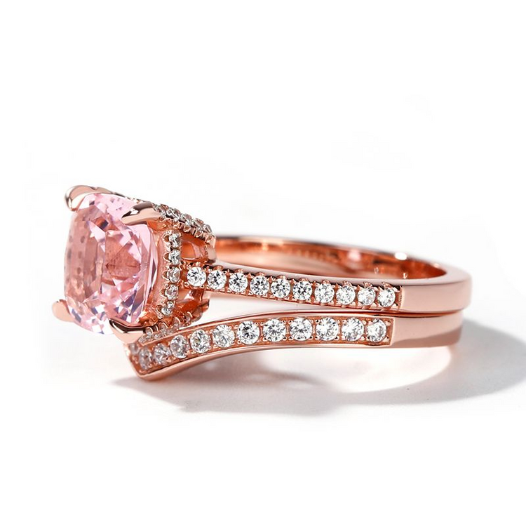 925 Sterling Silver Cushion Cut Synthetic Morganite Sterling Silver Ring Set