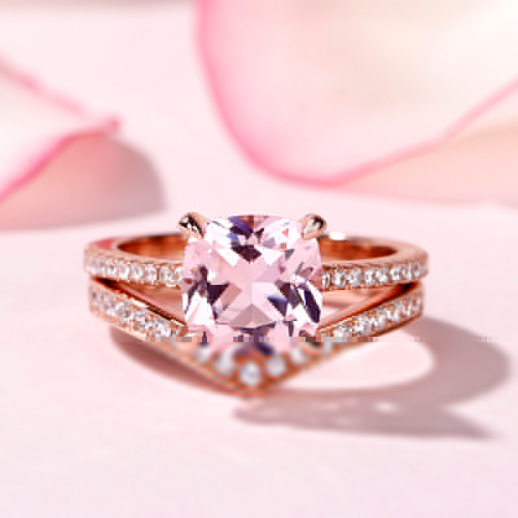 925 Sterling Silver Cushion Cut Synthetic Morganite Sterling Silver Ring Set