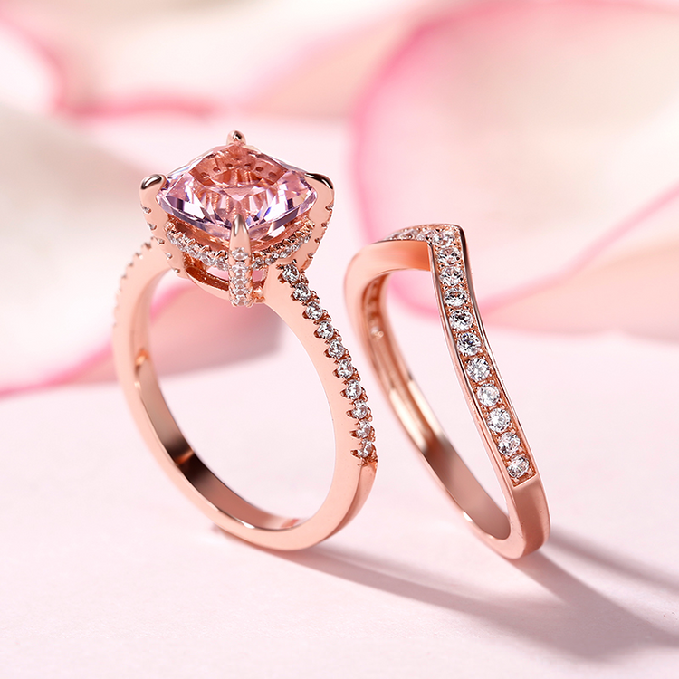 925 Sterling Silver Cushion Cut Synthetic Morganite Sterling Silver Ring Set