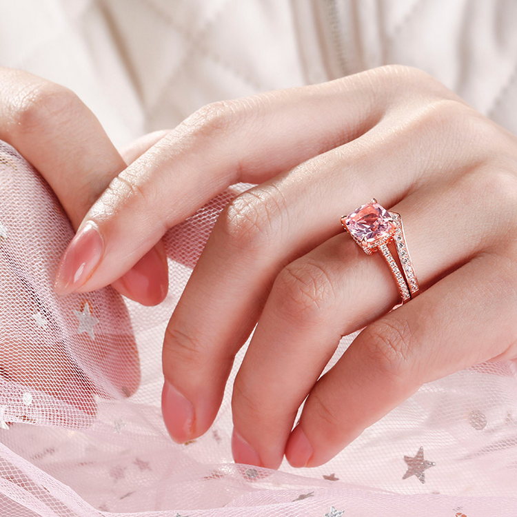 925 Sterling Silver Cushion Cut Synthetic Morganite Sterling Silver Ring Set