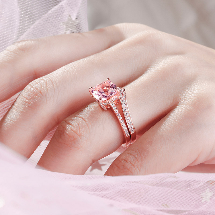 925 Sterling Silver Cushion Cut Synthetic Morganite Sterling Silver Ring Set